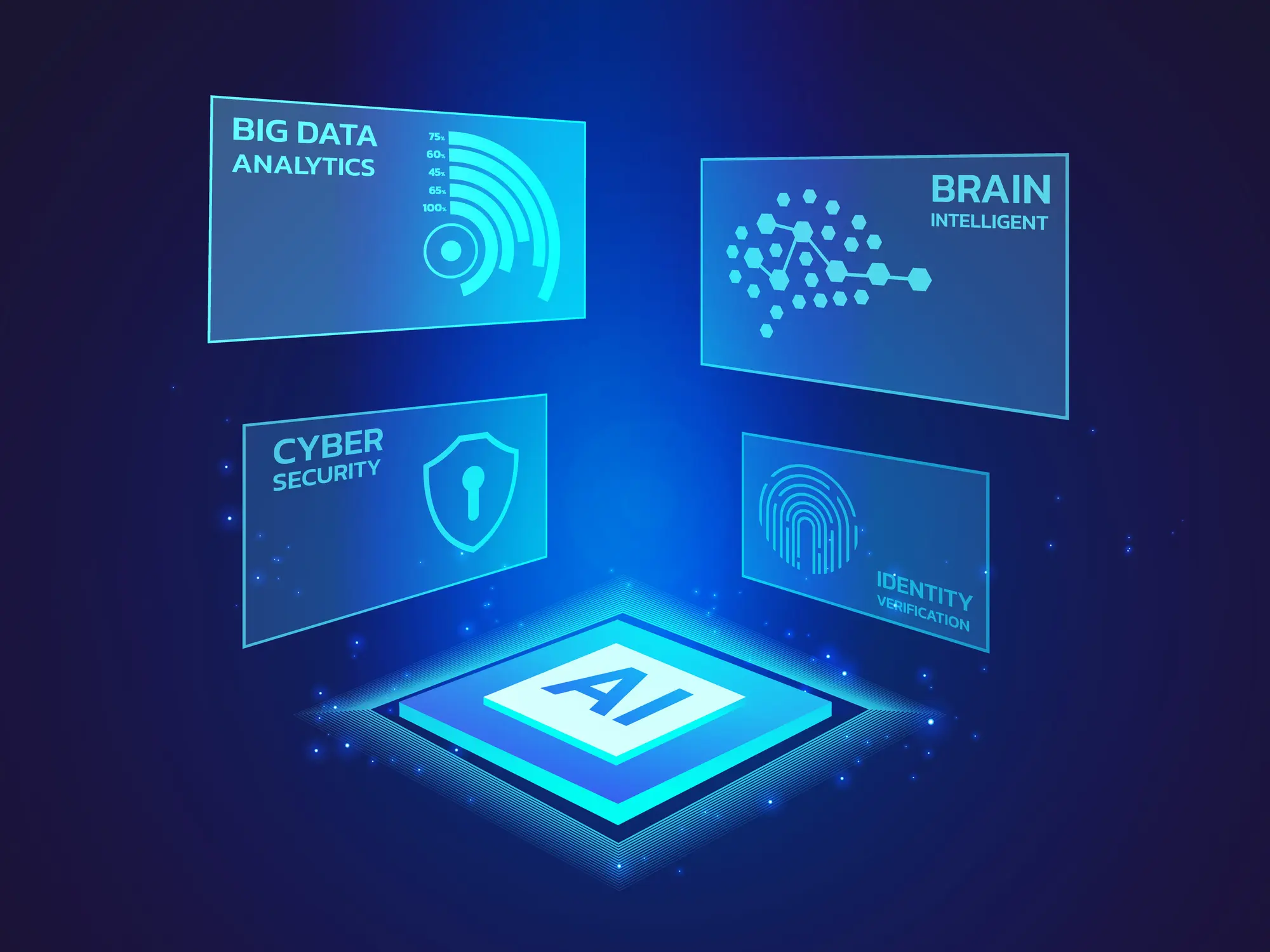 Artificial intelligence with Perspective Data Visualization Hologram Dashboard from AI microchip technology light effect on dark blue background vector design concept. AI technology for infographics.